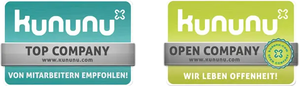 Auszeichnung von Kununu: Top Company "Vor Mitarbeitern empfohlen!" und Top Company "Wir leben Offenheit!"